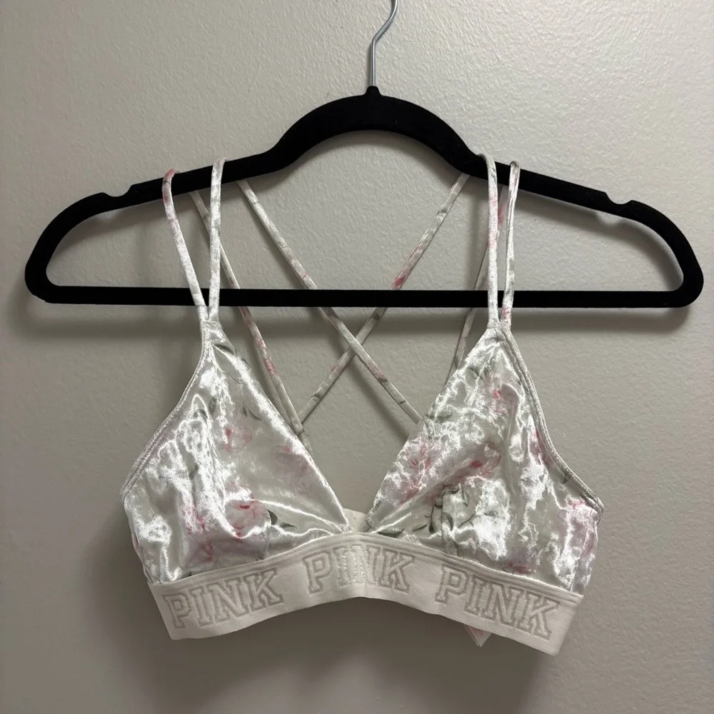 PINK by Victoria’s Secret Velour Floral Racerback Bra XS White Pink - Picture 6 of 10